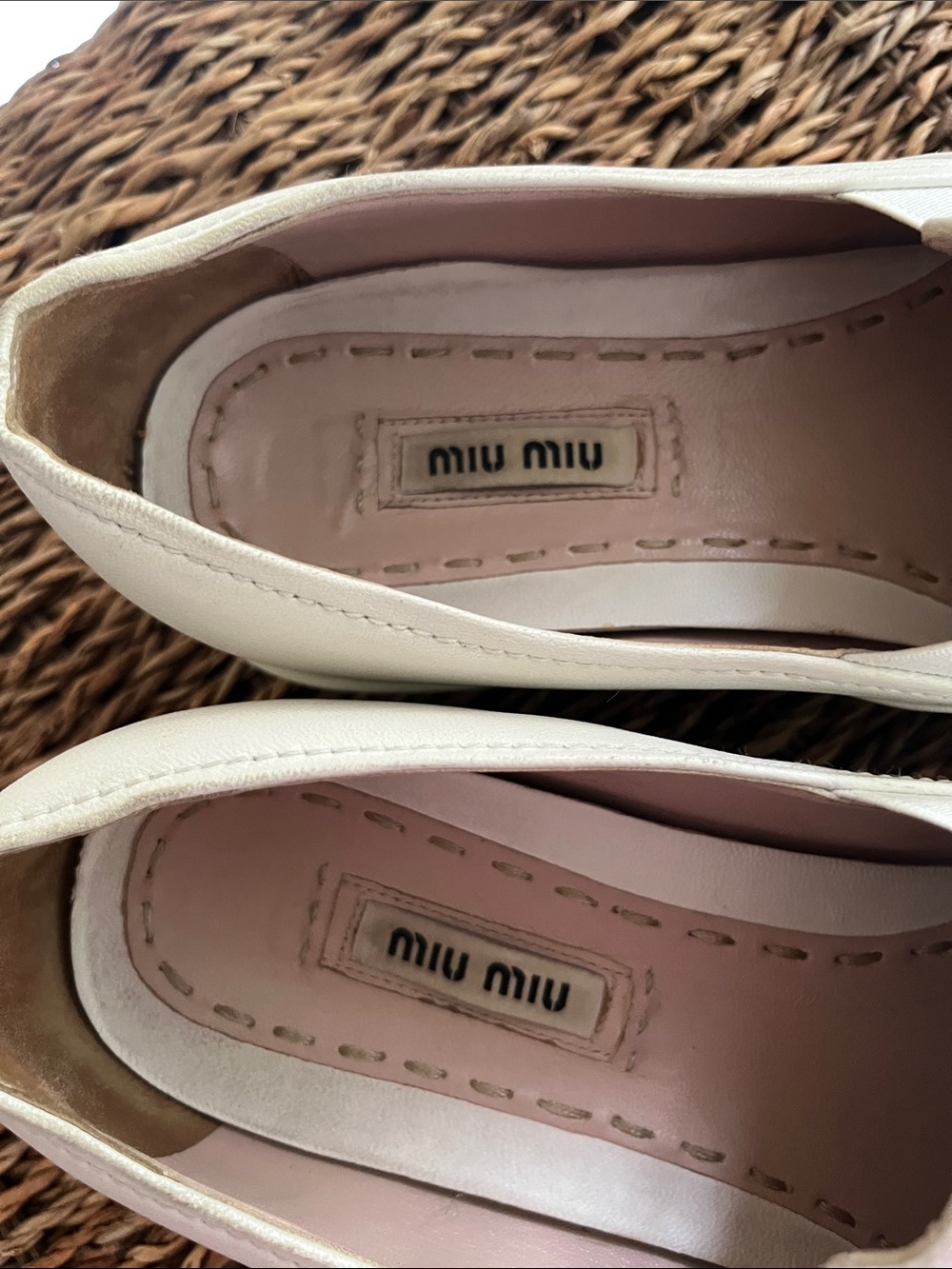 Women’s Miu Miu White/Cream Leather Slip-Ons with Silver Cap Toes - Picture 5 of 13